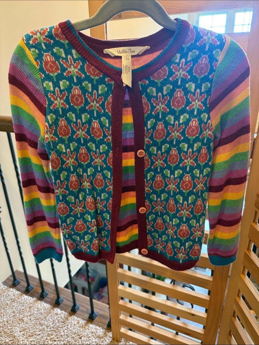 Matilda Jane Teal Floral Jacquard Cardigan with Rainbow Stripes